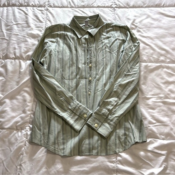 Old Navy Women's Blouse Sage Green Striped Long Sleeve Button Up Ruffle Size M - Picture 7 of 11
